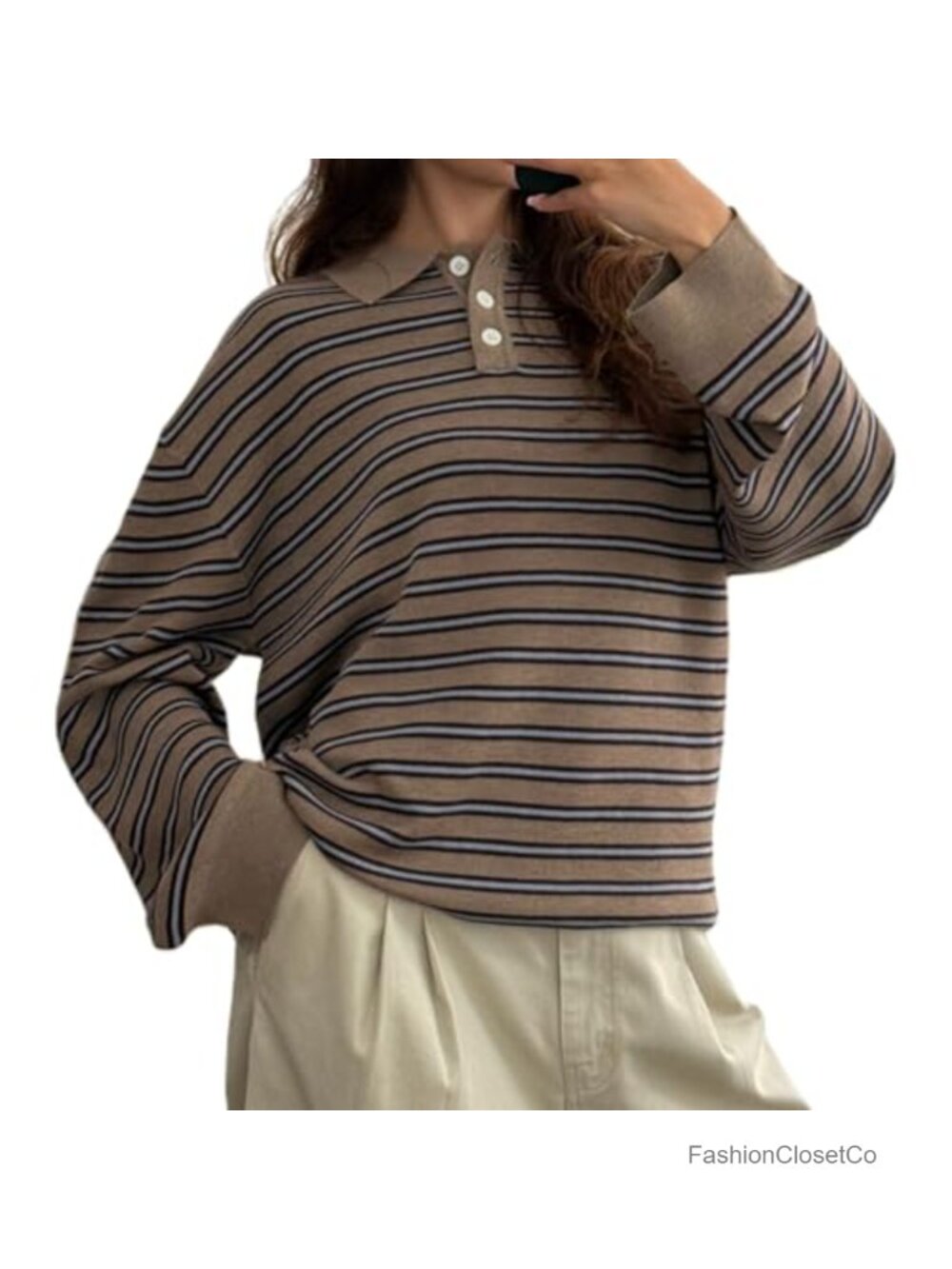 Rugby Polo Shirt Women Oversized Long Sleeve Striped Preppy Y2K Pullover